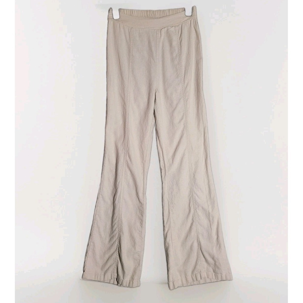 Happily Grey Linen Blend Flared Leg Lightweight Ivory/Beige Pants Sz S Beachy